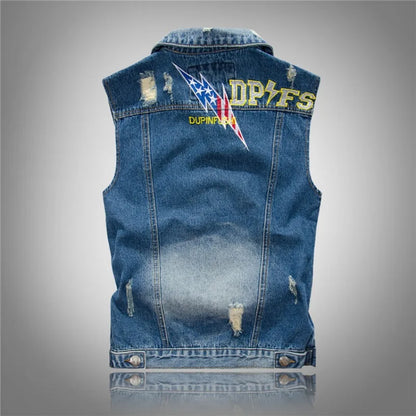 New Fashion Men Light Blue Holes Denim Vests Ripped Denim Sleeveless Jackets Waistcoats Male Cotton Slim Jeans Waistcoats 5XL