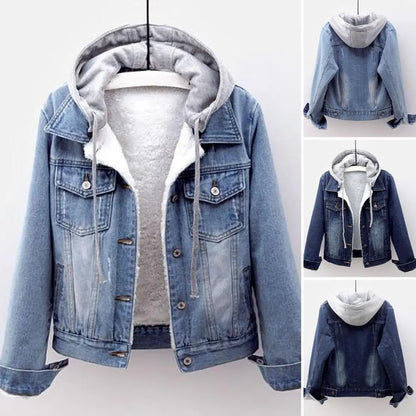 Chaqueta de invierno con capucha para mujer, gorro desmontable liso de manga larga, grueso, mantiene el calor, abrigo de invierno vaquero de felpa de talla grande con una sola botonadura