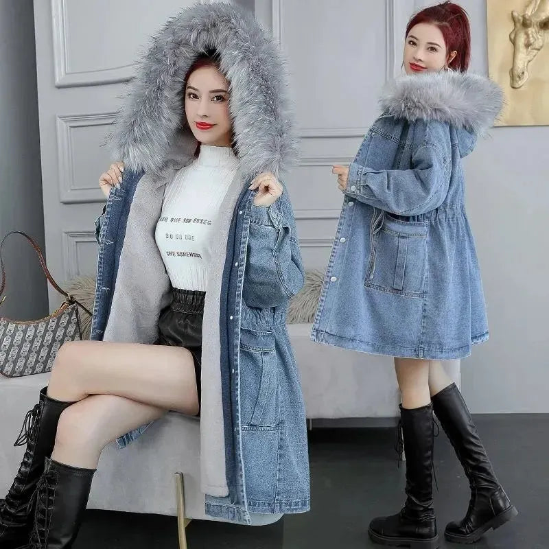Abrigos vaqueros para mujer, prendas de vestir, chaqueta vaquera de lana gruesa y cálida, Parka larga holgada coreana con cuello de piel y capucha, novedad de 2022