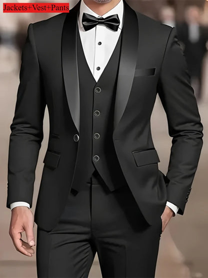Men's Formal Suit Set Business Casual Slim Fit Tuxedo for Wedding, Long Sleeve Notch Lapel, Groom
