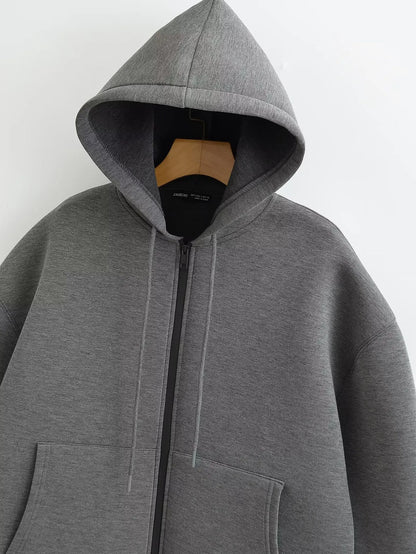 HH 2026 Casual Women's Soild Zipper Hoodie Long Sleeve Big Pocket Zipper Jacket With Hood Female Loose Outerwear Coat Tops