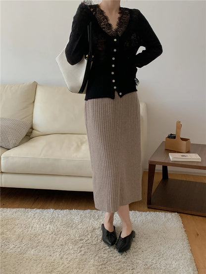 Seoulish Vintage Lace Knitted Cardigans for Women 2026 New Autumn Winter Solid Casual Slim Korean Style Ladies Tops Female