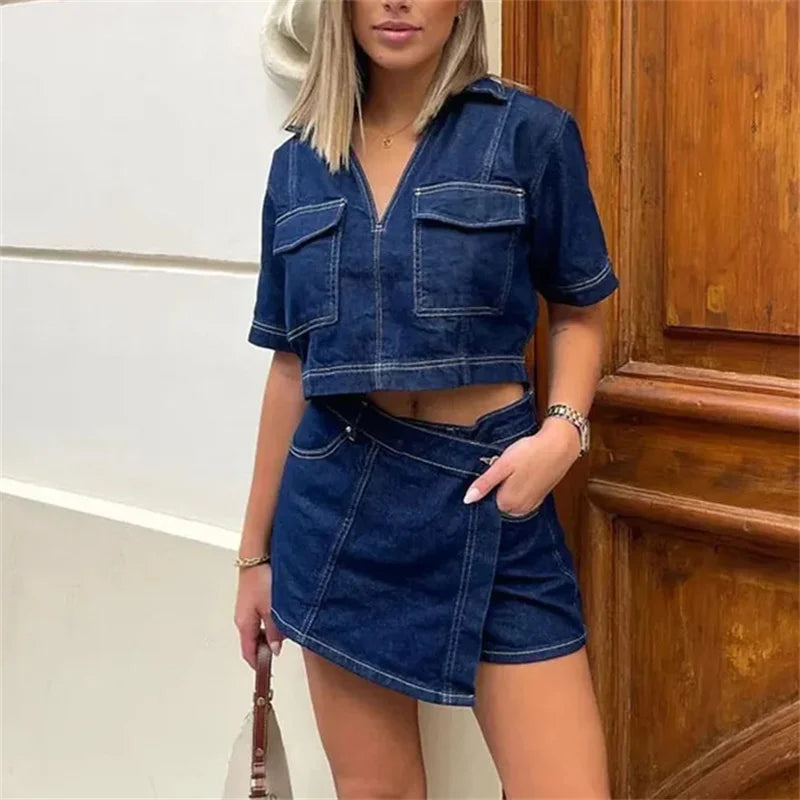 Blue Denim Shirt Woman Short Sleeve Cropped Shirt Women Summer Short Tops Woman Streetwear Y2k Stylish Women's Blouses