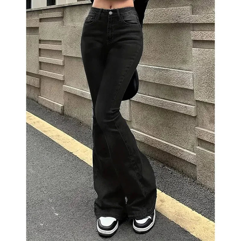 Girls Concise Ins High Waist Flared Jeans Female Stretchy Bootcut Denim Pants Women Solid Color Thin Bell Bottoms Trousers