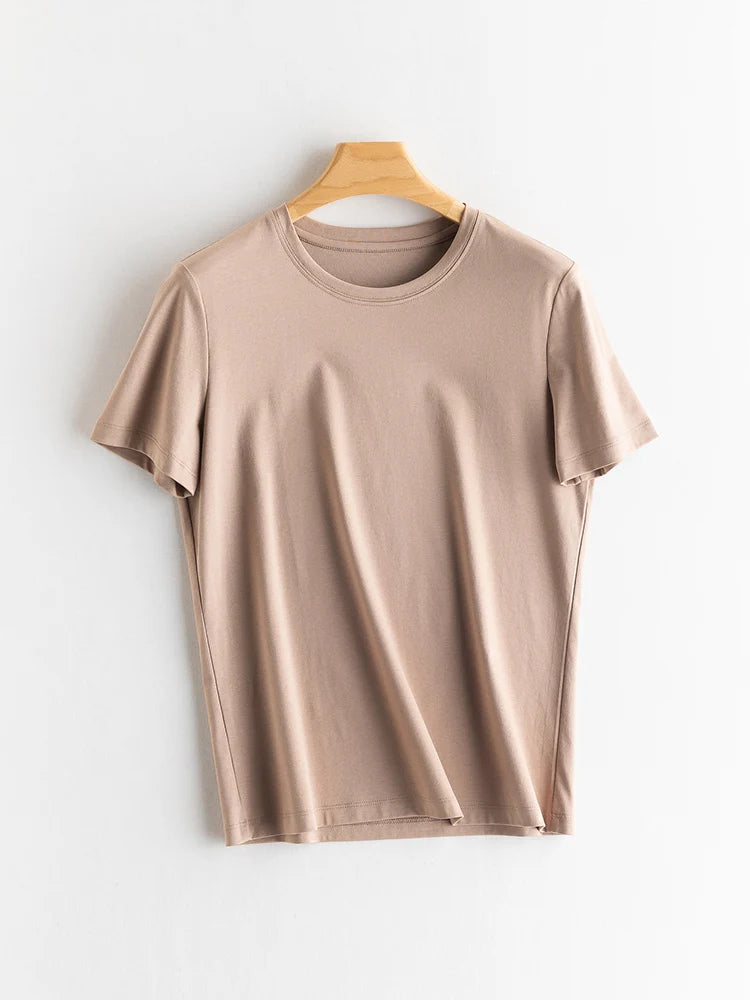 SuyaDream Women Solid T shirts, Silk Cotton Blend, O Neck, Short Sleeved Solid Tee,2026 Summer Candy Colors Basic Cozy Top Green