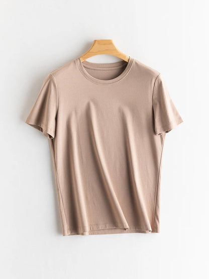 SuyaDream Women Solid T shirts, Silk Cotton Blend, O Neck, Short Sleeved Solid Tee,2026 Summer Candy Colors Basic Cozy Top Green