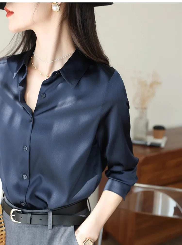 Spring Autumn Elegant Satin Women's Blouse 2026 New Long Sleeve Turn-down Collar Korean Casual Loose Office Lady Shirts Female