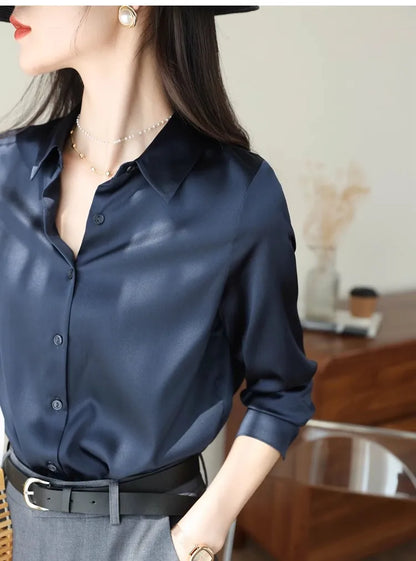 Spring Autumn Elegant Satin Women's Blouse 2026 New Long Sleeve Turn-down Collar Korean Casual Loose Office Lady Shirts Female