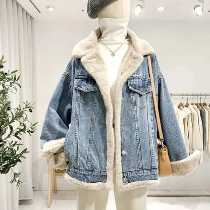 Double-Sided Lamb Wool Denim Jacket Women's Velvet Thick Furry Casual BF Padded Loose Winter Cowgirls Coat