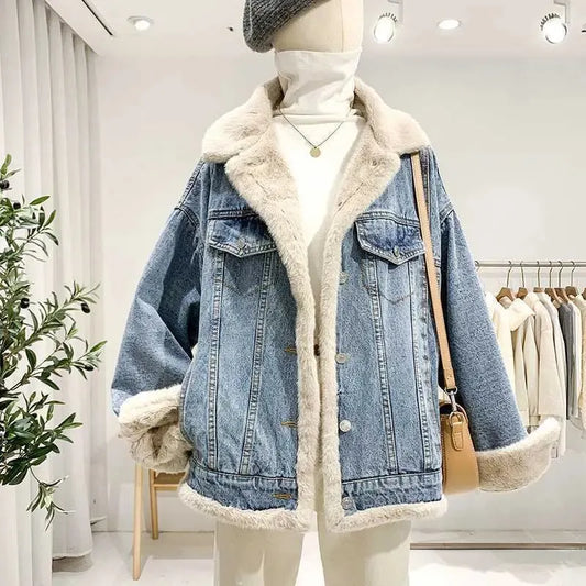 Chaqueta vaquera de lana de cordero de doble cara para mujer, abrigo holgado informal acolchado de terciopelo grueso y peludo para vaqueras de invierno