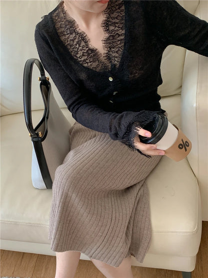 Seoulish Vintage Lace Knitted Cardigans for Women 2026 New Autumn Winter Solid Casual Slim Korean Style Ladies Tops Female