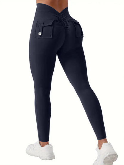 Women's High-Waisted Butt-Lifting V-Back Seamless Gym Yoga Leggings with Pockets