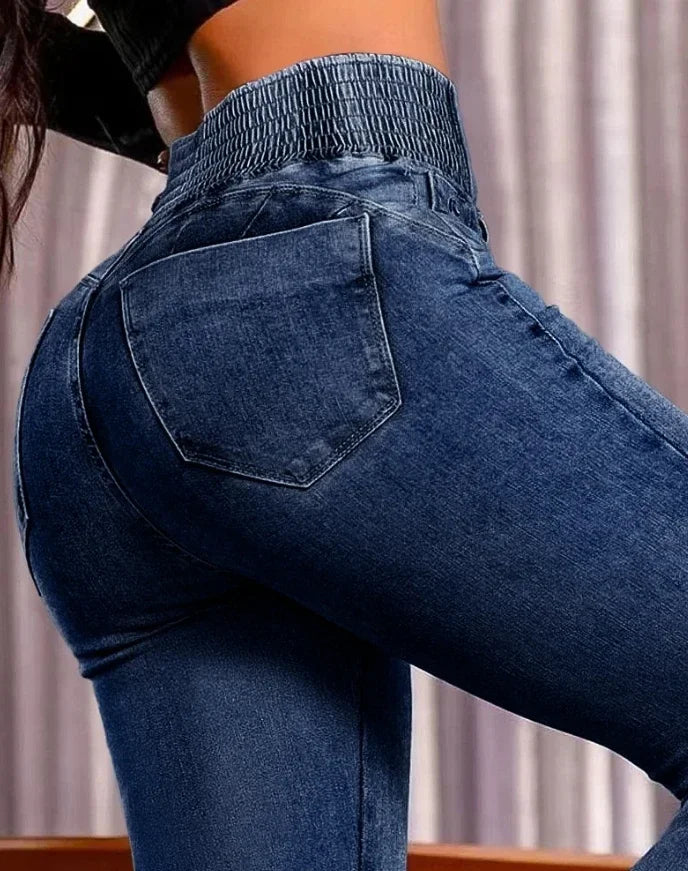 ALLUKASA 2026 autumn winter  Elegant High Waist Button Front Casual Female Jeans Sexy  Fashion Back Shirred Trouser Bottom