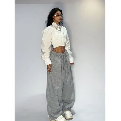 HOUZHOU Casual Gray Sweatpants Women Wide Leg Black Joggers Classic Baggy Streetwear Female Oversized Sports Trousers All-match