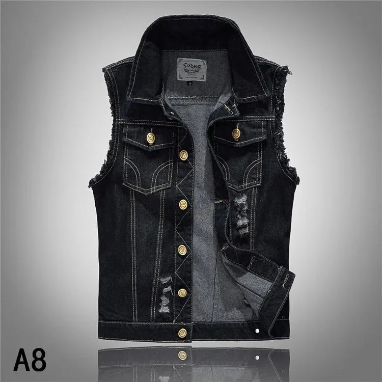 Men Slim Denim Vests Waistcoats Jackets Fashion Male Blue Fit Denim Coats Vests Large Size Punk Style Holes Jeans Vest Size 6XL