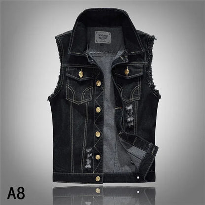 Men Slim Denim Vests Waistcoats Jackets Fashion Male Blue Fit Denim Coats Vests Large Size Punk Style Holes Jeans Vest Size 6XL