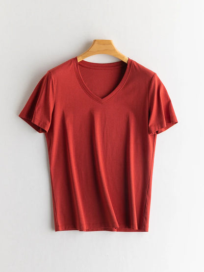 SuyaDream Women Solid T shirts, Silk Cotton Blend, O Neck, Short Sleeved Solid Tee,2026 Summer Candy Colors Basic Cozy Top Green