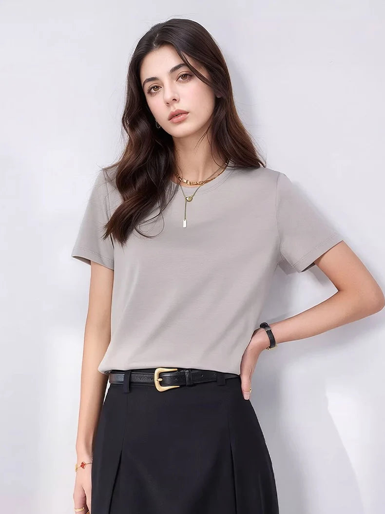 SuyaDream Women Solid T shirts, Silk Cotton Blend, O Neck, Short Sleeved Solid Tee,2026 Summer Candy Colors Basic Cozy Top Green