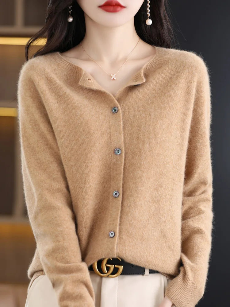 2026 New Chic Women's Basic O-neck Cardigan 100% Merino Wool Sweater Soft Grace Knitwear CoatSpring Autumn Female Clothes Tops