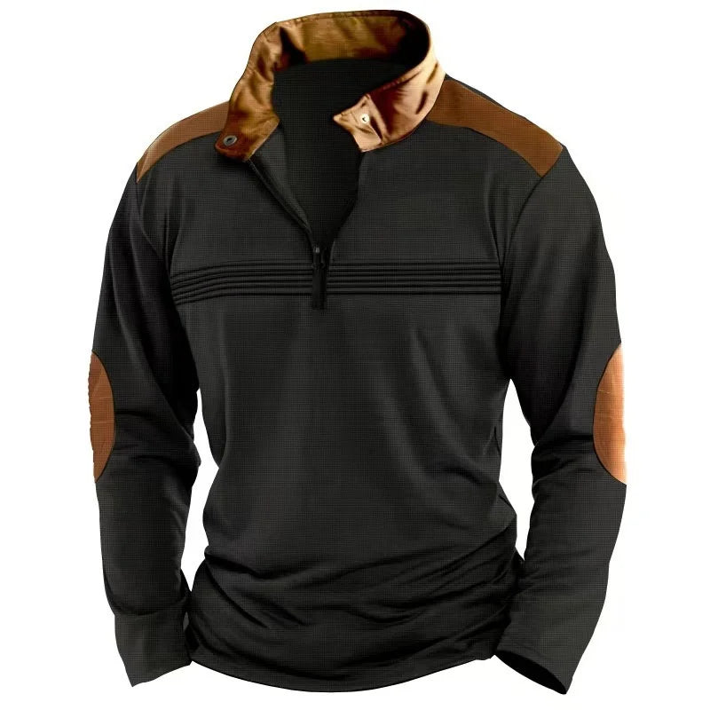 Men's contrasting half-zip stand-up collar long-sleeved top with European and American retro elbow patch design casual pullover
