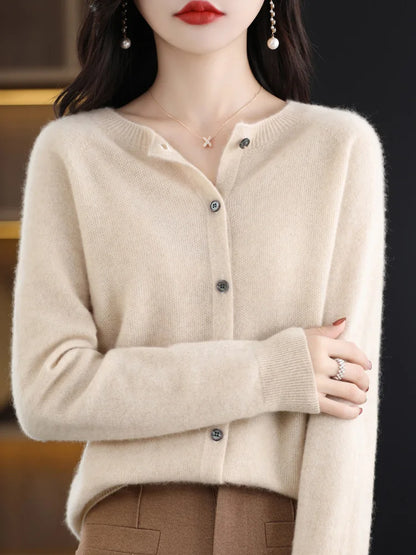 2026 New Chic Women's Basic O-neck Cardigan 100% Merino Wool Sweater Soft Grace Knitwear CoatSpring Autumn Female Clothes Tops