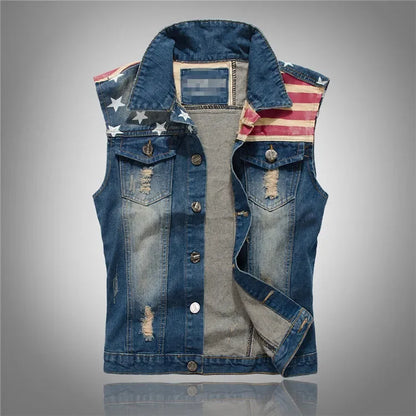 Men Slim Denim Vests Waistcoats Jackets Fashion Male Blue Fit Denim Coats Vests Large Size Punk Style Holes Jeans Vest Size 6XL