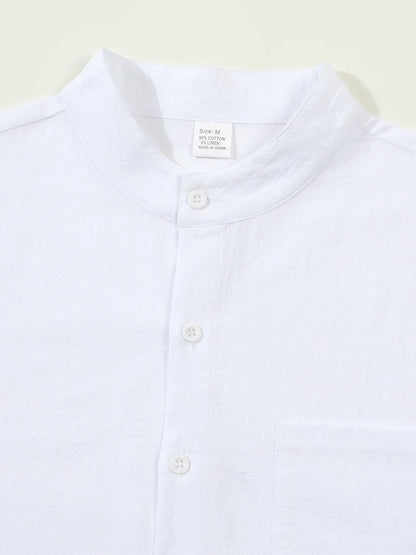 Autumn men's clothing 2025 new item men's solid color cotton and linen shirt stand up collar cardigan long sleeved casual busine