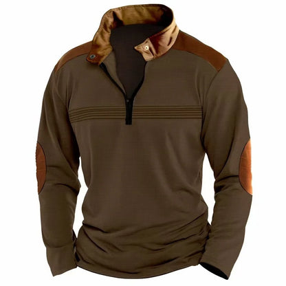 Men's contrasting half-zip stand-up collar long-sleeved top with European and American retro elbow patch design casual pullover