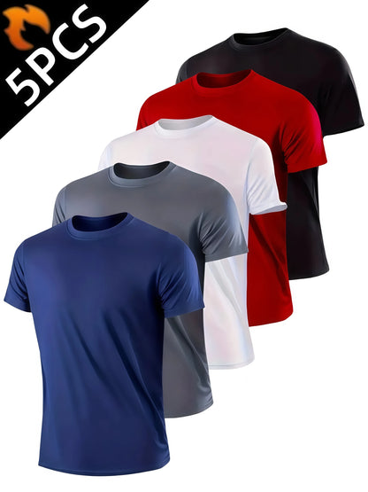 5Pcs Men's Quick Dry Basic Short Sleeve Gym Running Street Outdoor Exercise Sport Shirt Tops Lightweight
