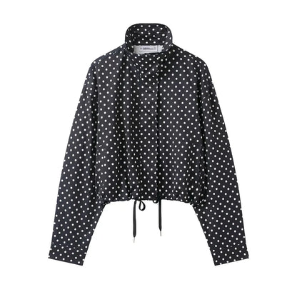 Woman Autumn Long Sleeves Turtleneck Zipper With Pockets Drawstring Casual Coats Women Fashion Polka Dot Printed Jacket