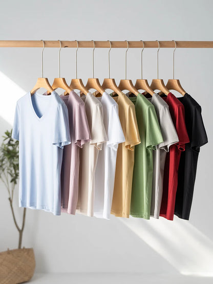 SuyaDream Women Solid T shirts, Silk Cotton Blend, O Neck, Short Sleeved Solid Tee,2026 Summer Candy Colors Basic Cozy Top Green