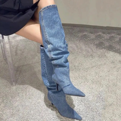 Botas vaqueras hasta la rodilla Chelsea para Mujer, zapatos de tacón de aguja con punta estrecha, estilo gladiador, para motocicleta, otoño e invierno, 2023