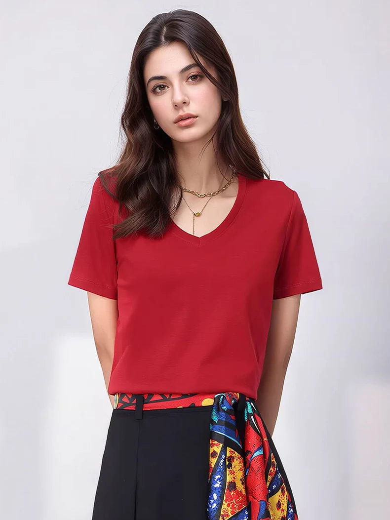 SuyaDream Women Solid T shirts, Silk Cotton Blend, O Neck, Short Sleeved Solid Tee,2026 Summer Candy Colors Basic Cozy Top Green