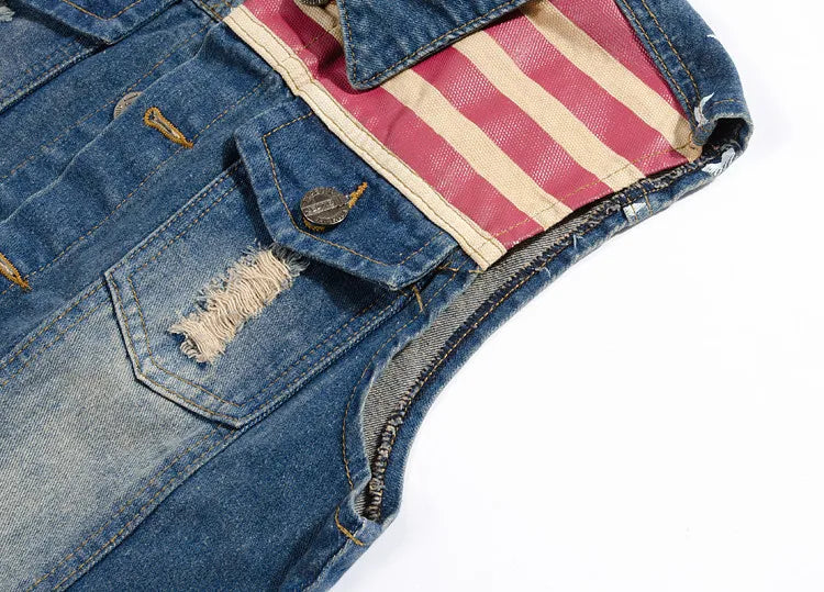 Men Slim Denim Vests Waistcoats Jackets Fashion Male Blue Fit Denim Coats Vests Large Size Punk Style Holes Jeans Vest Size 6XL