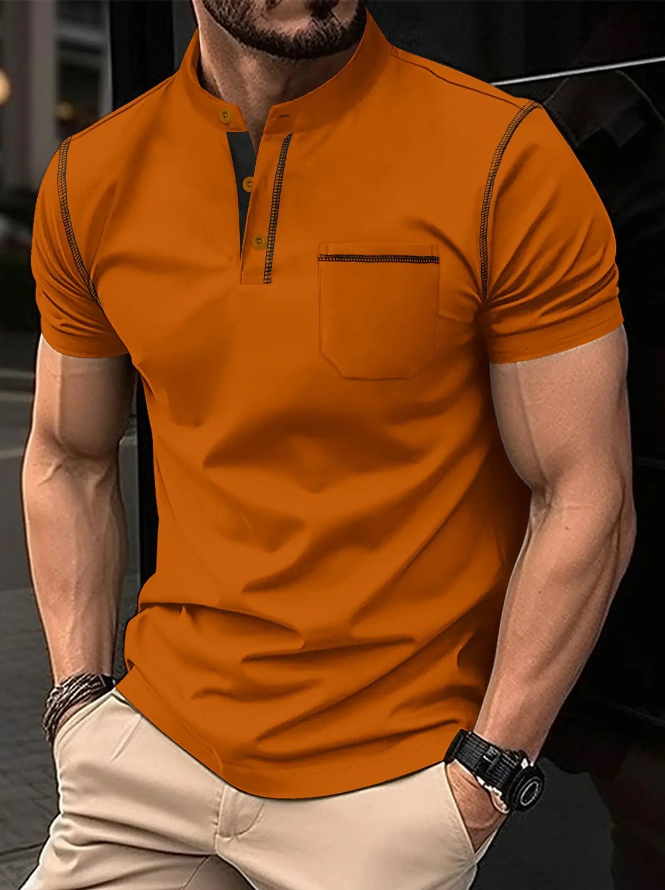 Summer New Men Henry collar short sleeve golf POLO shirt personality pocket style casual breathable sports street fashion top