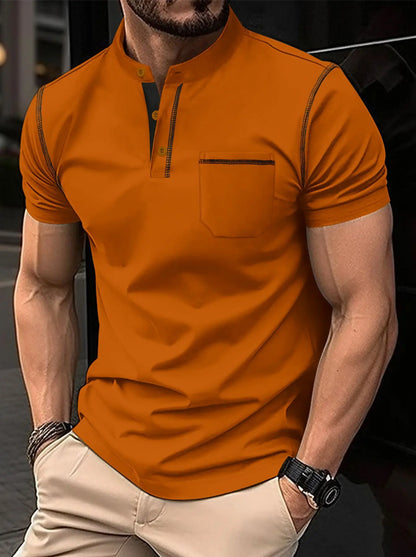 Summer New Men Henry collar short sleeve golf POLO shirt personality pocket style casual breathable sports street fashion top
