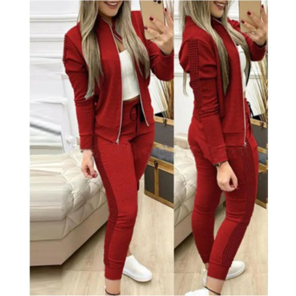 Athleisure Zipper Jacket Women's Suit Spring Fashion Patchwork Plaid Slim Fit Timid Feet Trousers Female 2 Piece Set 2025