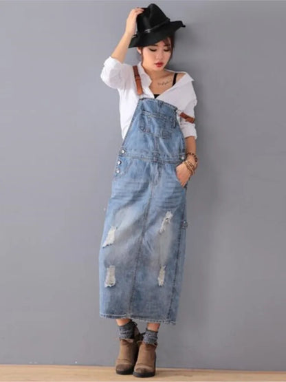 Women Loose Denim Dress Ladies Bleached Holes Denim Dress Female Spaghetti Strap Ripped Vintage Denim Dresses