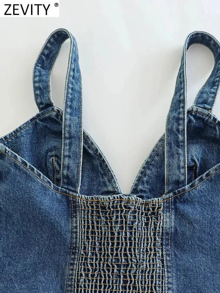 Zevity, blusa vaquera a la moda con cuello en V y una hilera de botones para mujer, blusa elegante con espalda elástica, Blusas Sim Crop Tops LS3773