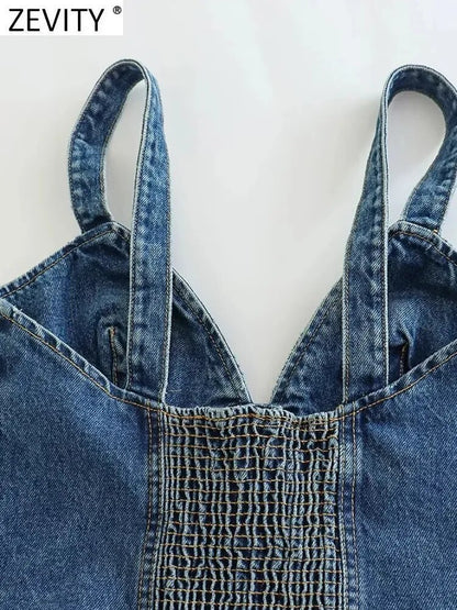 Zevity Women Fashion V Neck Single Breasted Denim Sling Smock Blouse Femme Chic Back Elastic Shirt Blusas Sim Crop Tops LS3773