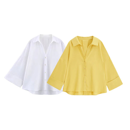 Women's Casual Loose Shirt for Spring/Summer 2026 Collar Button Design Wide Sleeves Minimalist Holiday Style