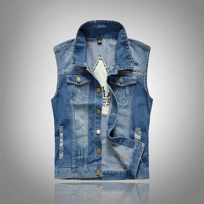 New Fashion Men Ripped Denim Waistcoats Sleeveless Jackets Light Blue Holes Denim Vests Male Cotton Slim Jeans Waistcoats 6XL