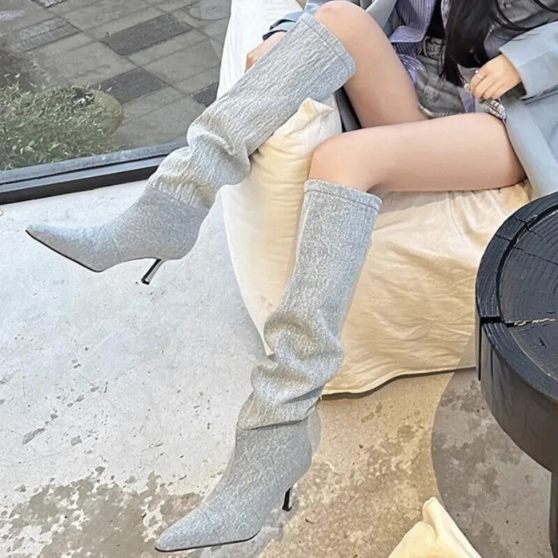 Botas vaqueras hasta la rodilla Chelsea para Mujer, zapatos de tacón de aguja con punta estrecha, estilo gladiador, para motocicleta, otoño e invierno, 2023