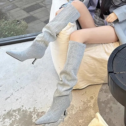 Botas vaqueras hasta la rodilla Chelsea para Mujer, zapatos de tacón de aguja con punta estrecha, estilo gladiador, para motocicleta, otoño e invierno, 2023
