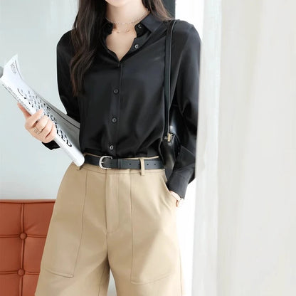 Spring Autumn Elegant Satin Women's Blouse 2026 New Long Sleeve Turn-down Collar Korean Casual Loose Office Lady Shirts Female