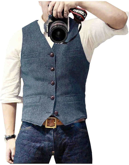 Men's Casual Classic Suit Vest V Neck Herringbone Tweed Slim Fit Business Waistcoat For Wedding