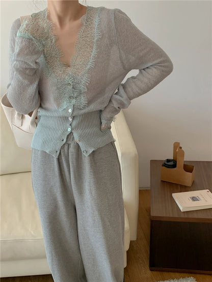 Seoulish Vintage Lace Knitted Cardigans for Women 2026 New Autumn Winter Solid Casual Slim Korean Style Ladies Tops Female