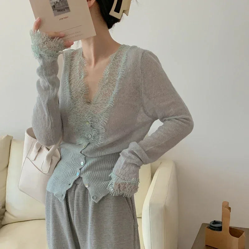 Seoulish Vintage Lace Knitted Cardigans for Women 2026 New Autumn Winter Solid Casual Slim Korean Style Ladies Tops Female