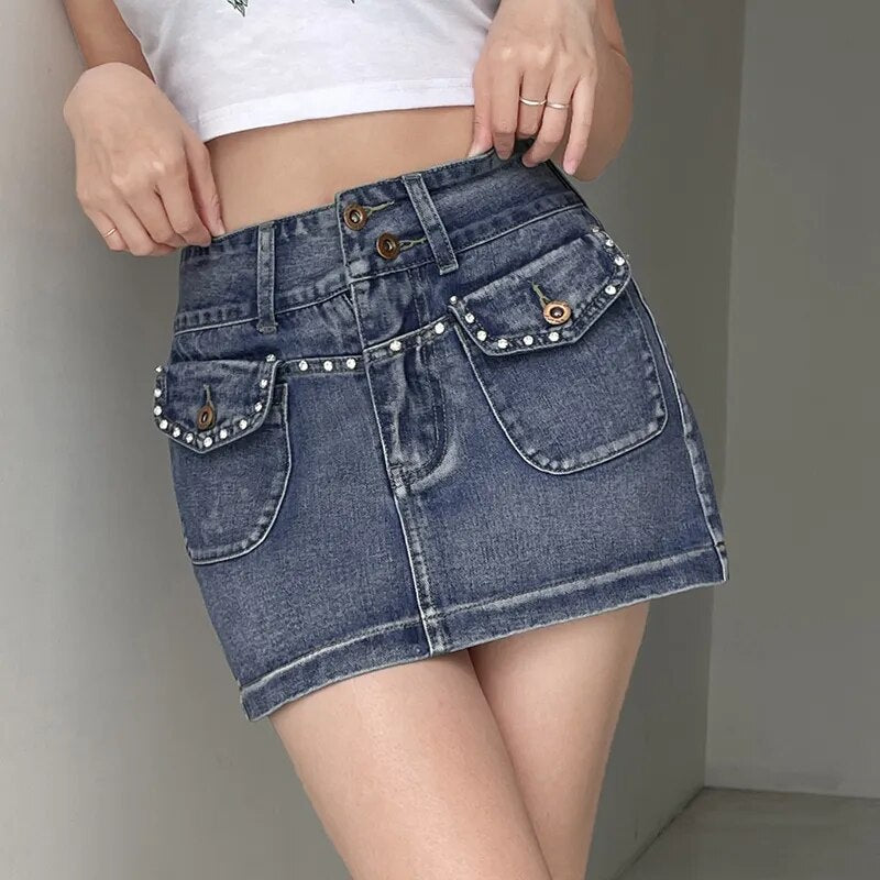 Faldas vaqueras Penceil de diamantes Vintage para mujer, falda vaquera ajustada de talle bajo, estética Y2K, ropa de calle para bebés