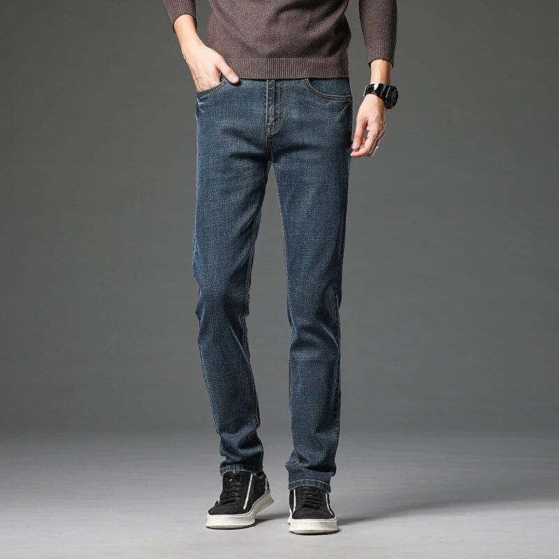 Nuevos pantalones vaqueros de algodón de Otoño Invierno para hombre, pantalones vaqueros rectos Retro clásicos gruesos, pantalones elásticos para hombre, ropa de marca de talla grande 40